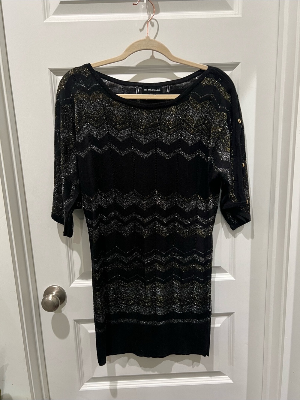 Black Knit Dress with Metallic Chevron Stripes perfect for NYE